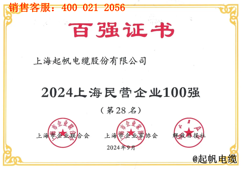 起帆電纜入圍2024年上海民營企業(yè)100強(qiáng)第28名 起帆電纜入圍2024年上海民營企業(yè)100強(qiáng)第28名