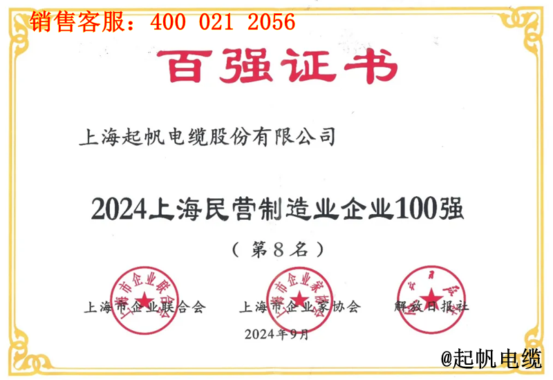 起帆電纜入圍2024年上海民營制造業(yè)企業(yè)100強(qiáng)第8名 起帆電纜入圍2024年上海民營制造業(yè)企業(yè)100強(qiáng)第8名